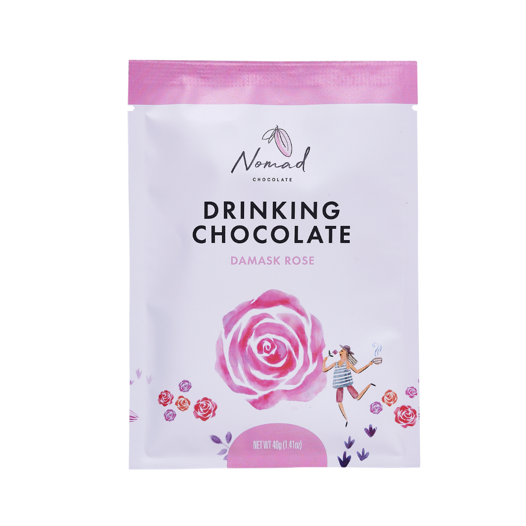 Nomad Drinking Chocolate with Damask Rose, rose petal powder. 40g bag front label