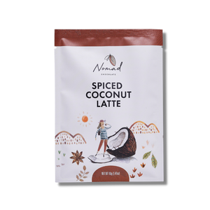 Nomad Chocolate Spiced Coconut Latte, coconut milk powder with cinnamon and spices. Gluten Free and no artificial flavouring. Mini Pack 40g