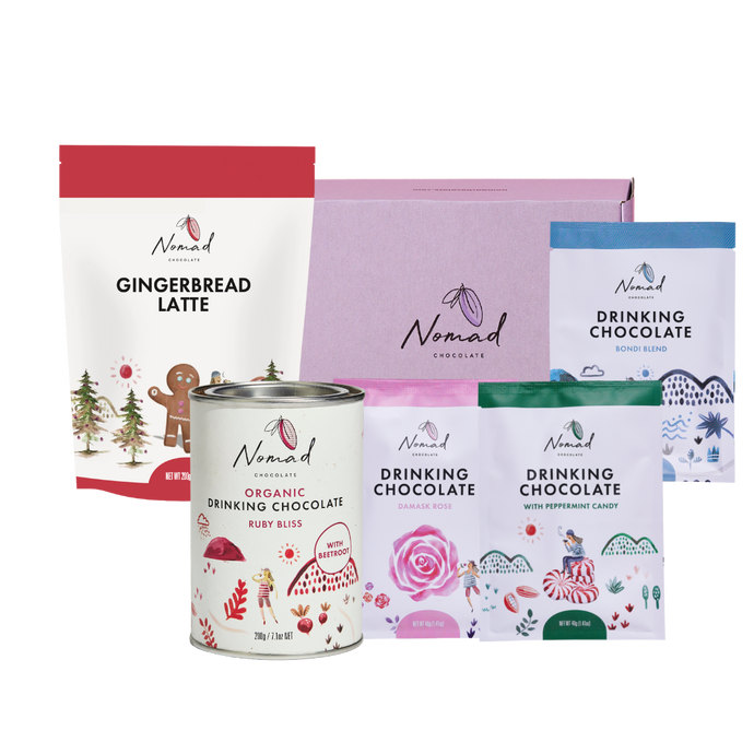 Nomad Chocolate The Taste Of Christmas Gift Pack, Xmas flavours, Gingerbread Latte, Coconut Milk, Hot chocolate with crashed peppermint candy , Organic Ruby Bliss Beetroot and Spices,Bondi blend hot chocolate in 40g bag, drinking chocolate with Damask Rose 40g