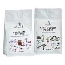 Load image into Gallery viewer, Nomad Chocolate Chef&#39;s cocoa powder 100% Dark, Dominican, Chocolate Buttons Ecuador Esmeraldas 72% Dark, baking, cooking chocolate, couverture, vegan, dairy and gluten free