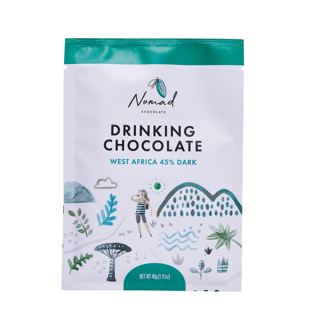 Nomad Drinking Chocolate West Africa 45% Dark, 40g bag front label