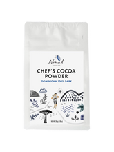 Load image into Gallery viewer, Nomad Chocolate Chef&#39;s Cocoa Powder Dominican 100% Dark, white packaging front. Girl wandering through the Nomad Chocolate landscape mixing a chocolate batter in a mixing bowl. Vegan, Gluten Free, Dairy Free, No Sugar