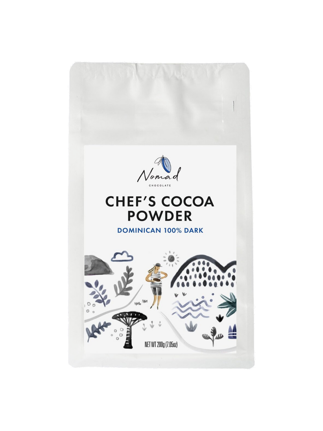 Nomad Chocolate Chef's Cocoa Powder Dominican 100% Dark, white packaging front. Girl wandering through the Nomad Chocolate landscape mixing a chocolate batter in a mixing bowl. Vegan, Gluten Free, Dairy Free, No Sugar