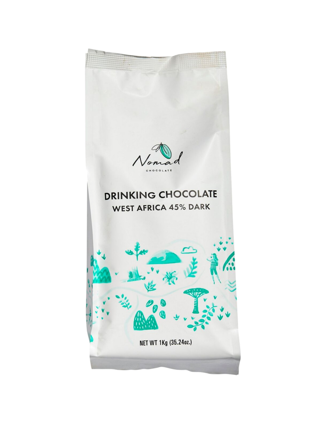 Nomad Drinking Chocolate West Africa 45% Dark,1kg bag front label.